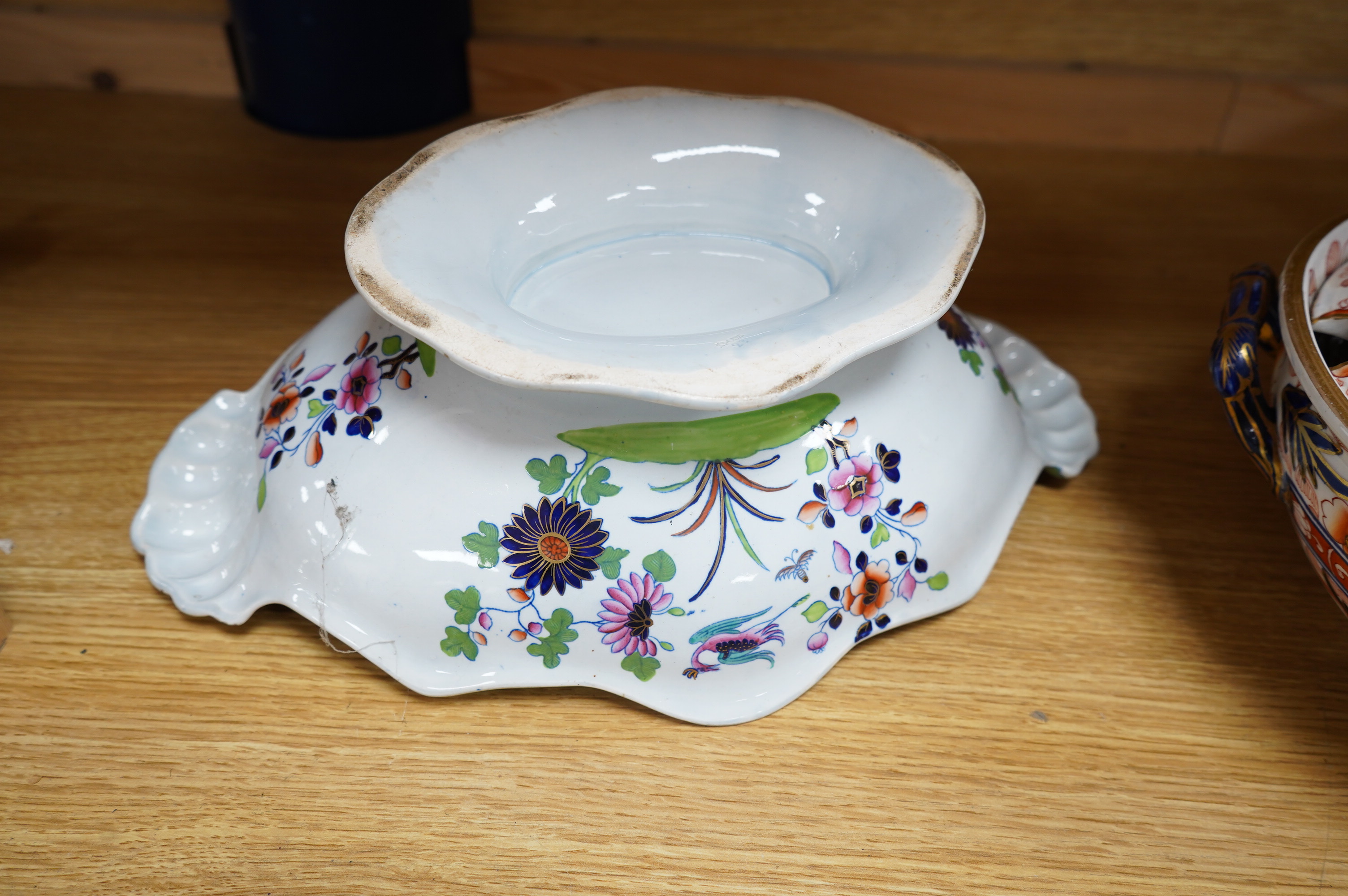 A Spode blue and white oval basket, a Spode two-handled pedestal dish, a Caughley Fisherman pattern saucer dish and two other items, largest 38cm wide. Condition - varies